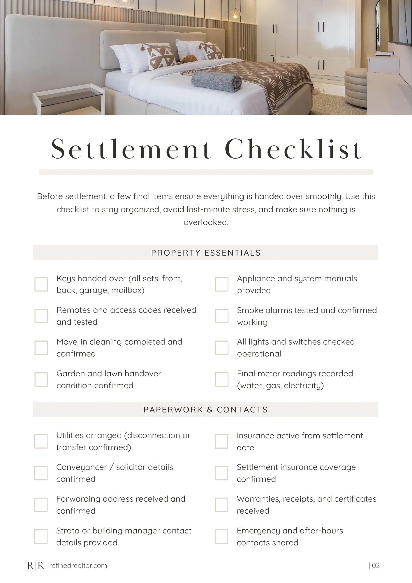A clear checklist for settlement readiness.